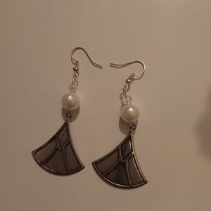 Handmade- pearl and large metal shield plated earrings